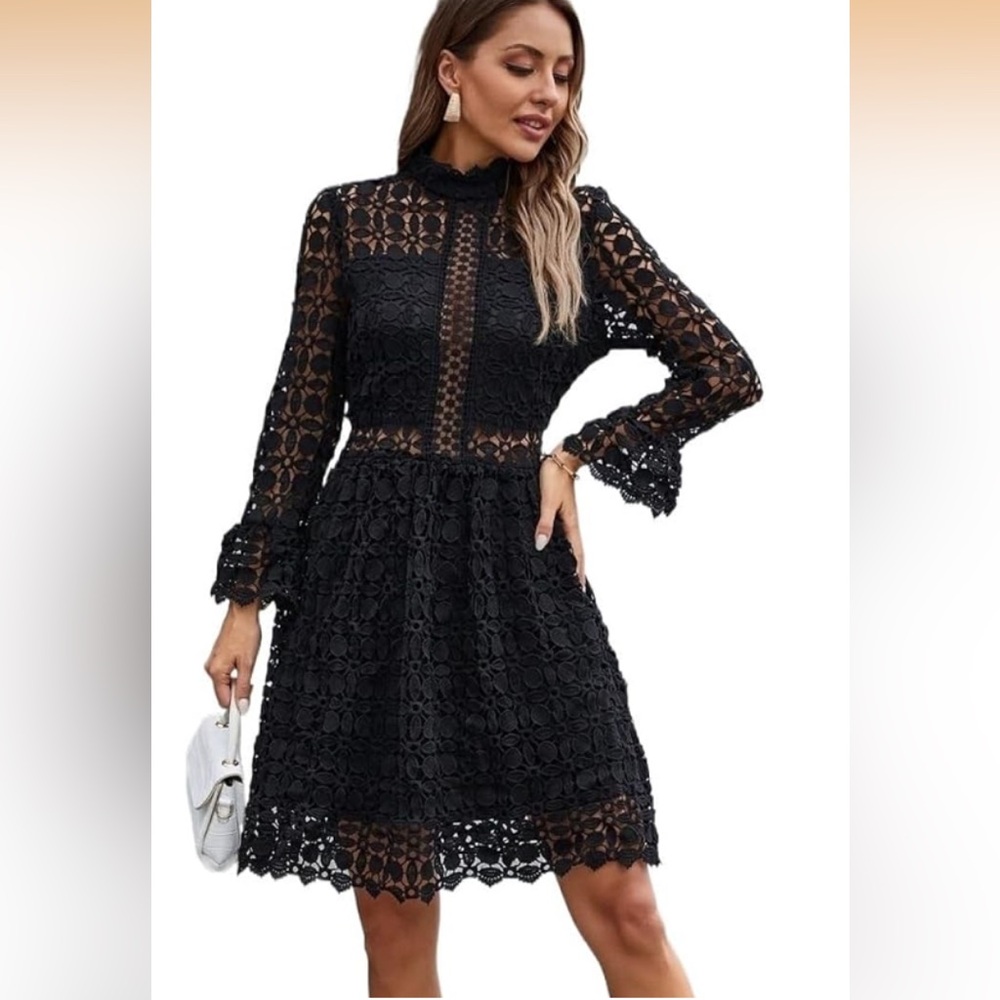 NWOT Eilly Bazar Black hollow out Lace  long sleeve Mock neck Dress size M & L - Picture 3 of 14